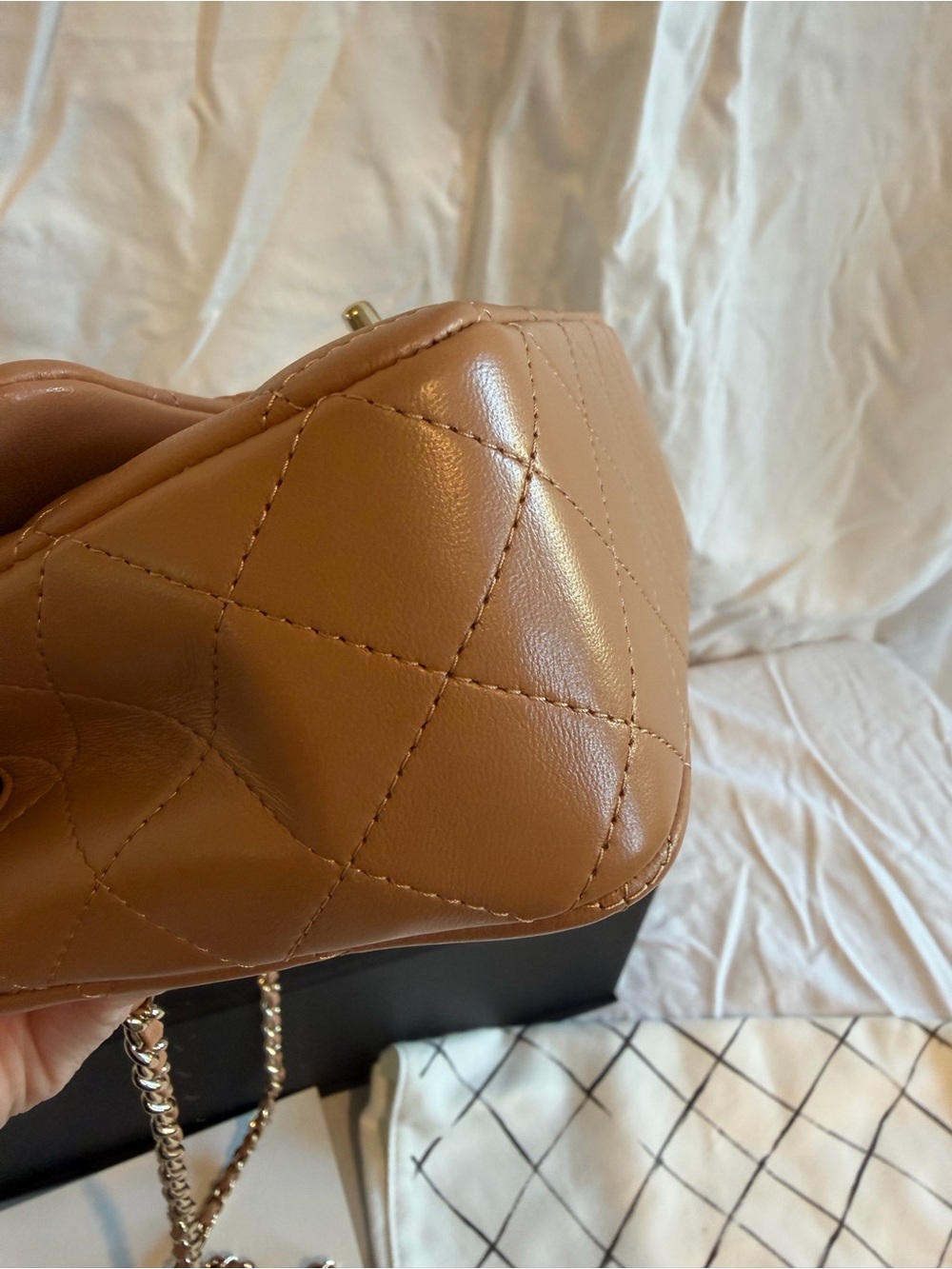โSOLDโ CHANEL Lambskin Quilted Mini Top Handle Rectangle Flap Beige w/GH - Picture 5 of 10